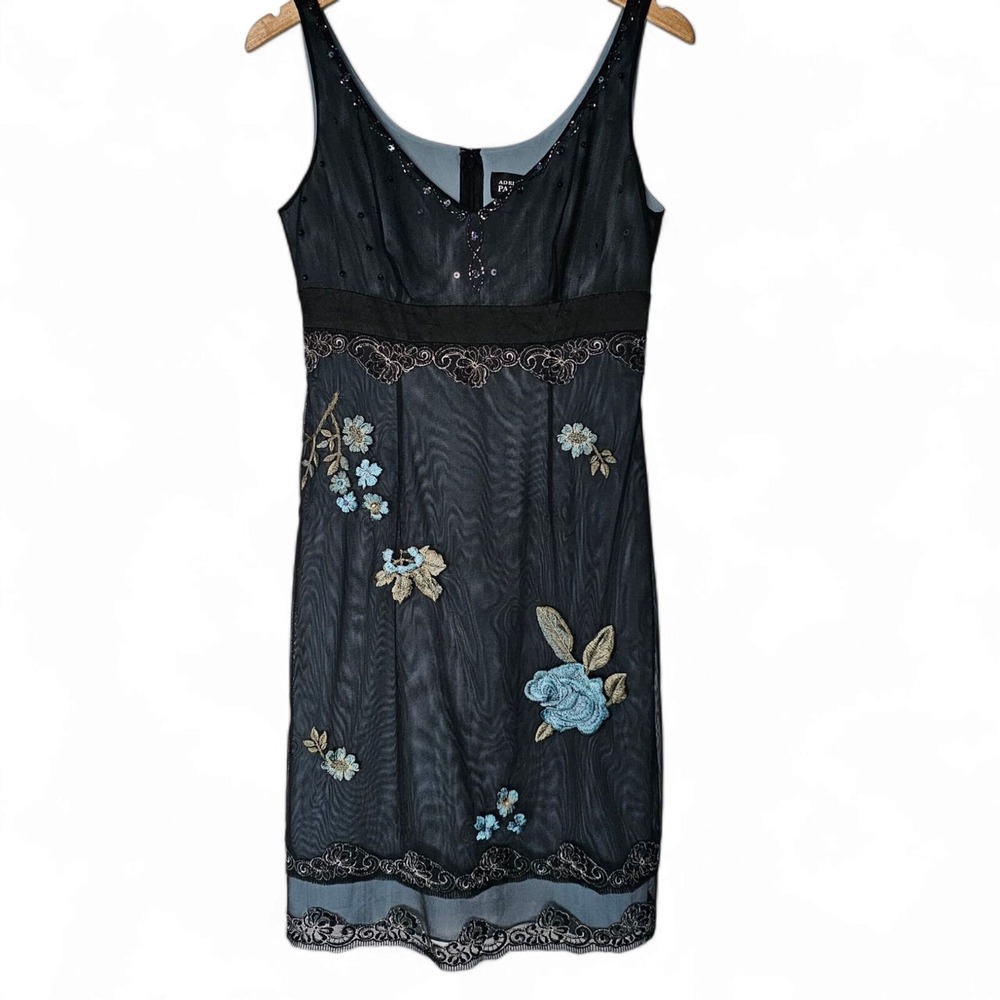 Adrianna Papell Black Babydoll Embroidered Floral Dress Size 6 Y2K Whimsy Fairy